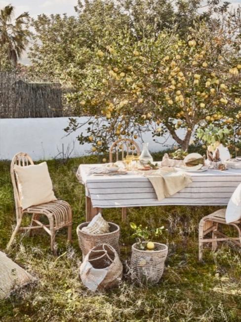 JardÃn urbano estilo rural con mesa de madera y sillas de mimbre