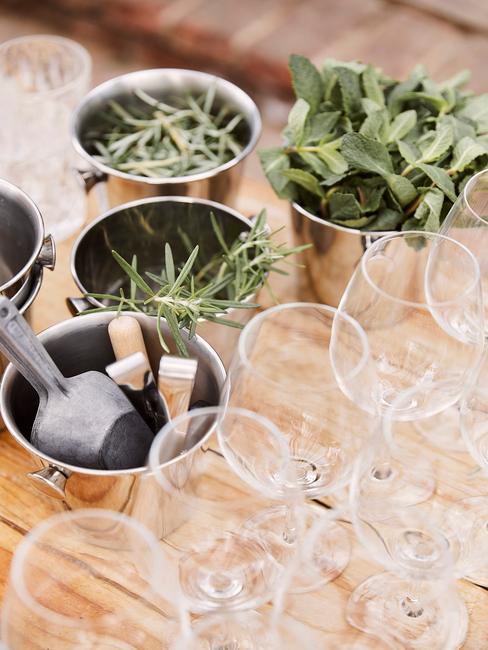 Piante aromatiche Dettaglio bicchieri e vasetti con piante aromatiche