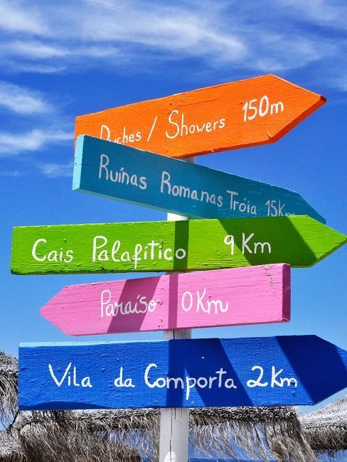 Comporta poste indicador con varios destinos en la costa portuguesa