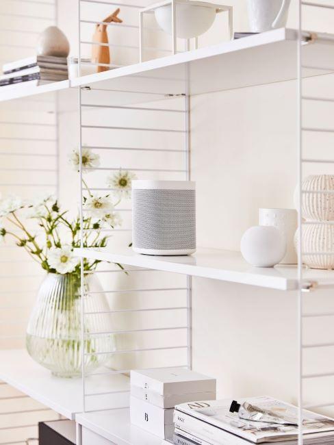 smart home libreria bianca con smart speaker e vasi