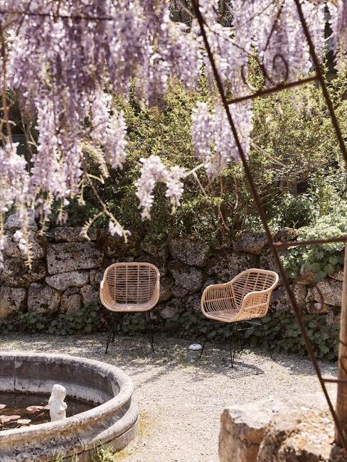 Accessori da giardino Sedie in vimini intorno a una fontana nel giardino