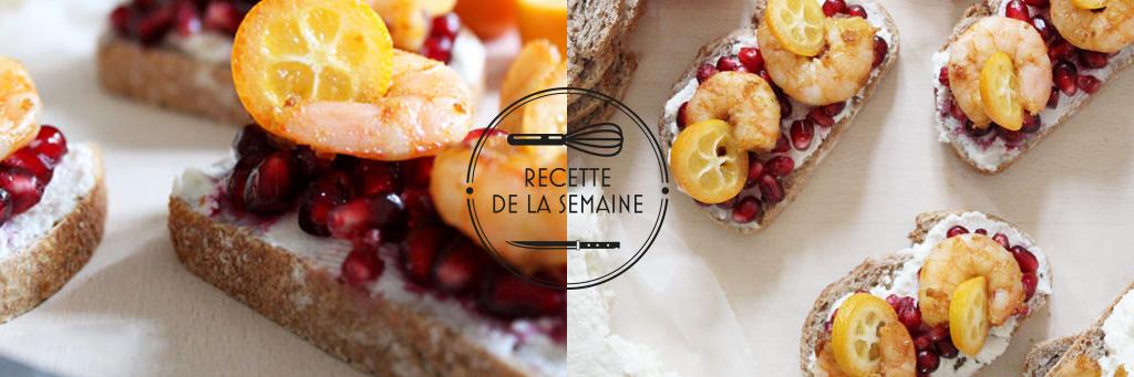Tartines aux crevettes sautées, kumquat & grenade par le blog Délice Céleste