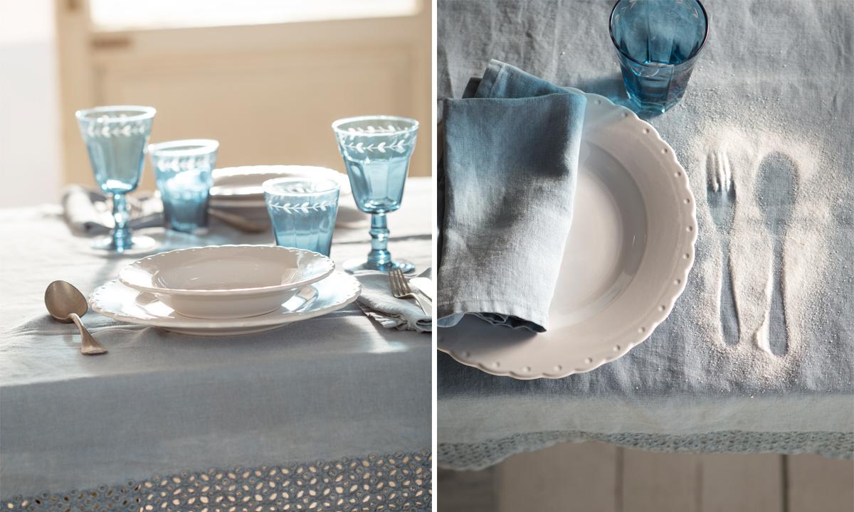 La Fabbrica del Verde Tavola Shabby con Tovaglia Blu La Fabbrica Del Verde, Decorazioni, Mise en place, Primavera, Shabby, Trend