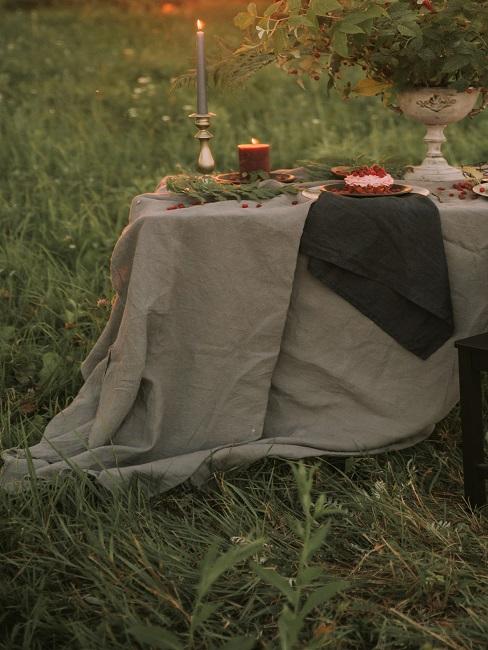 Tischdecke waschen: Tisch mit beiger und braunen Tischdecke im Freien