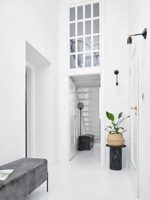 Hal inrichten Header Witte ruimte en hal met grijze bank
