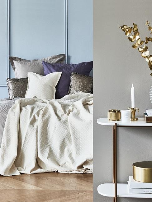 Wandfarbe Blau und Grau im Schlafzimmer mit blauen und grauen Kissen
