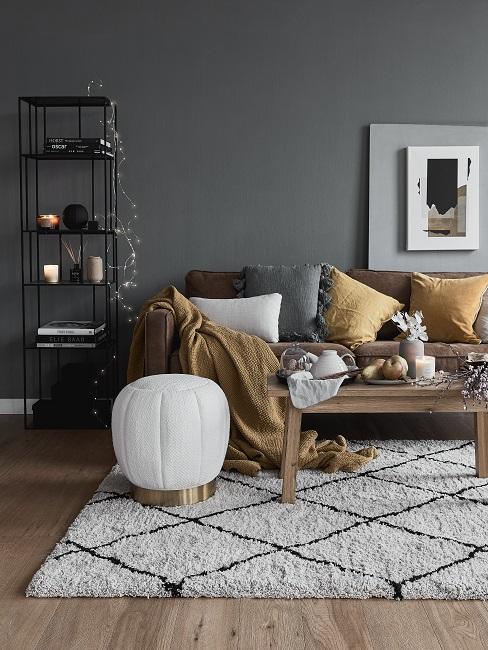 Dunkle Wandfarbe Banner Dunkelgraue Wand in Wohnzimmer mit Ledercouch, weißem Pouf und Teppich