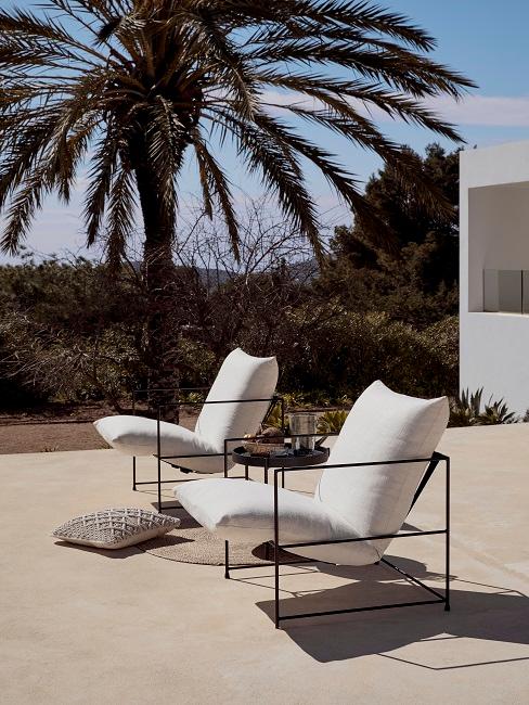 Moderne tuin header Moderne tuin met twee Westwing stoelen op zandkleurige vloer met palmboom op achtergrond