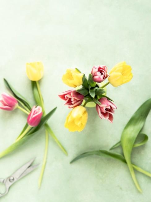 Basteln mit Flaschen Verschieden farbige Tulpen für Deko mit Flaschen