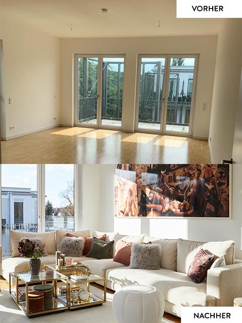 Novalanalove Banner Das Wohnzimmer von Novalanalove im Vorher Nachher Vergleich: Vorher leere Räume, nachher mit hellem großem Ecksofa und elegantem Couchtisch aus Glas und Metall in Gold