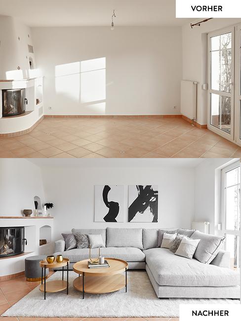 motsi mabuse vorher nachher Das Wohnzimmer von Motsi Mabuse im Vorher Nachher Vergleich: Oben das leere Wohnzimmer vor dem Umstyling, unten der gemütliche Raum mit großem Ecksofa neben dem Kamin, Teppich, Kissen und Deko