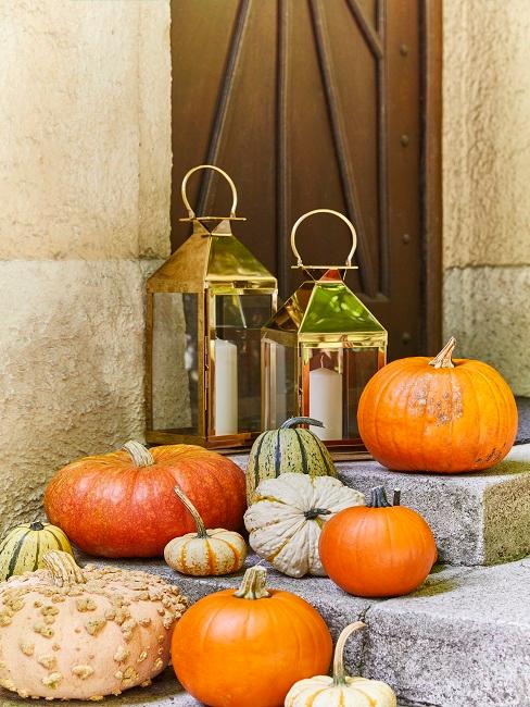 Herbstliche Laternen Deko neben Kürbissen