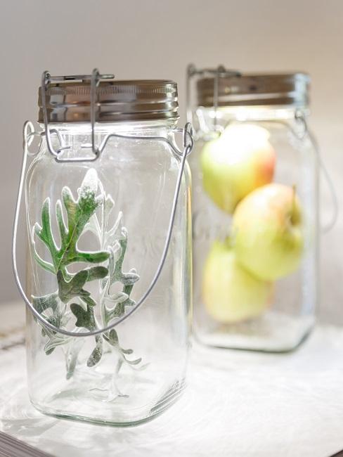 Two sun glasses filled with apples and flower glasses
