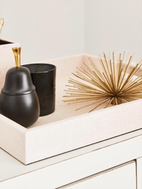 Galuchat déco Plateau et porte-stylo en cuir galuchat rose avec objets de décoration dorés et noirs