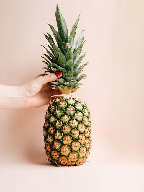 Frau mit abgetrenntem Blattschof der Ananas in der Hand