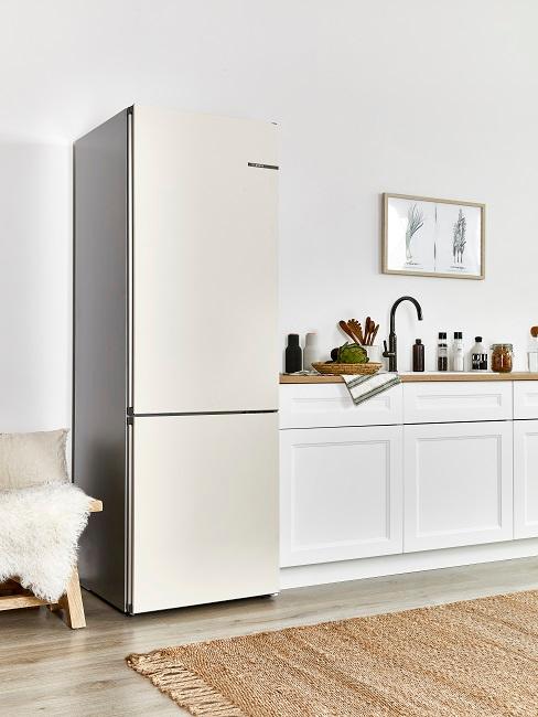 Moderner Kühlschrank in weißer Küche mit Rattanteppich