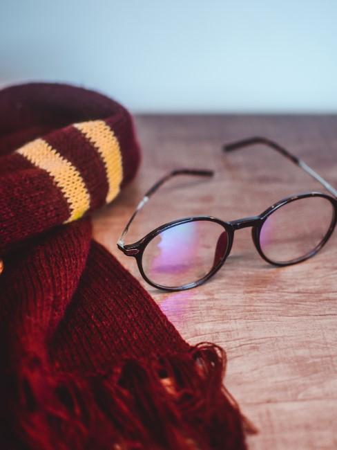 disfraz-de-halloween-banner disfraz de harry potter con gafas y bufanda sobre una mesa