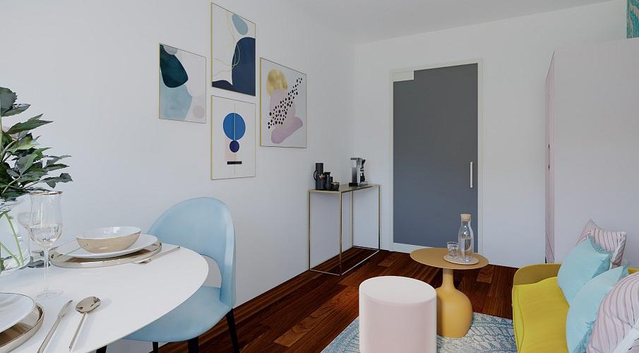 Kleine Zimmer: Wohnzimmer mit versetzt platzierten Möbeln Sofa und Schrank