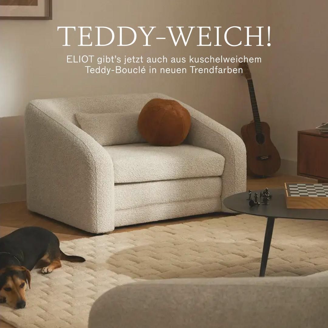 Sessel Eliot im Wohnzimmer aus hellem Teddy Bouclé