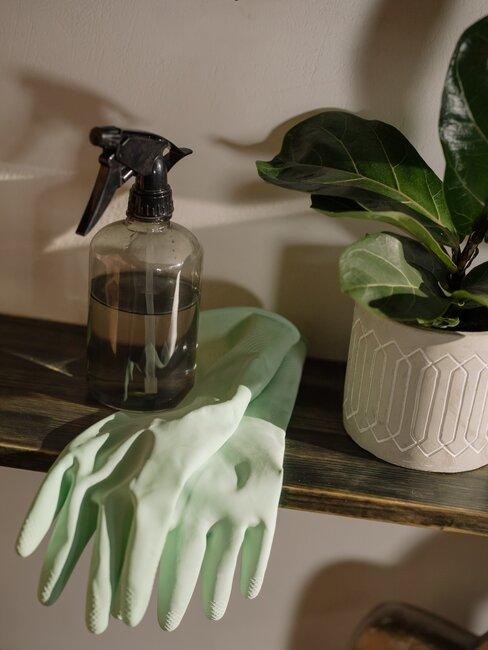 guantes verdes spray de limpieza