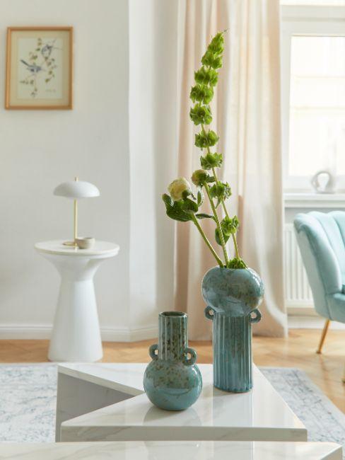 Table basse, vases, beige, blanc, gris, turquoise