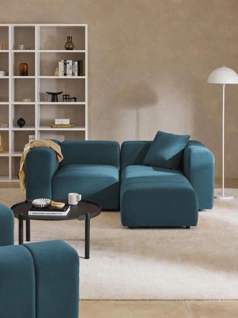canapé modulable bleu Lena dans salon beige