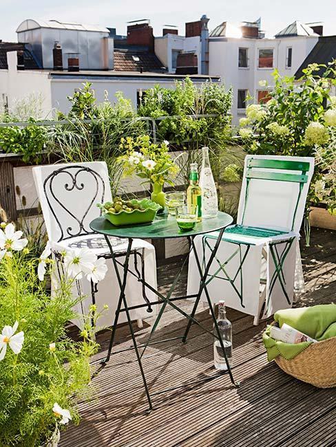 terrasse, petite table ronde en métal avec deux chaises, plantes vertes