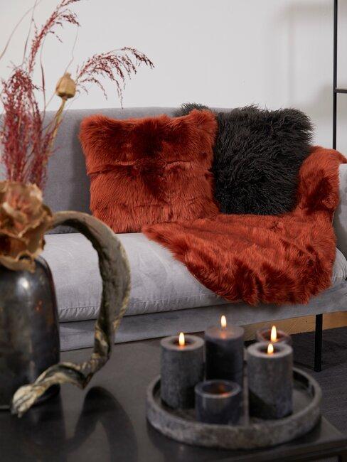 salon cozy avec plaid rouge et tons foncés