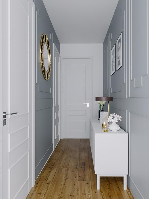 couleur couloir, nuances de gris, commode blanche, miroir rond