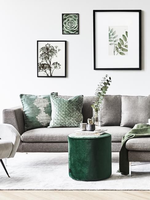 caapéen tissus gris et coussins à motifs verts, cadres avec photos de feuilles