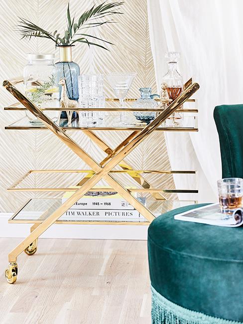 chariot de bar en verre et métal doré