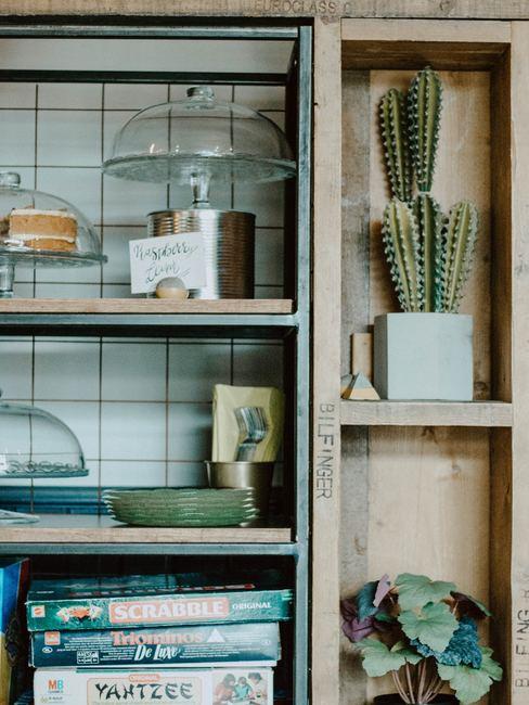 Estantería con juegos de mesa y un cactus