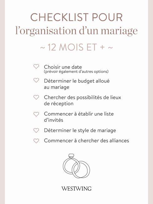 Check list pour l'organisation d'un mariage 12 mois et plus