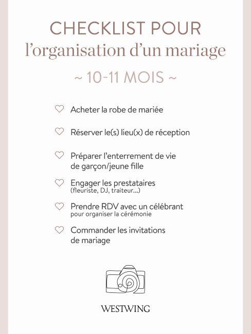 Check list pour l'organisation d'un mariage 10-11 mois