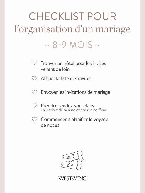 Check list pour l'organisation d'un mariage 8-9 mois