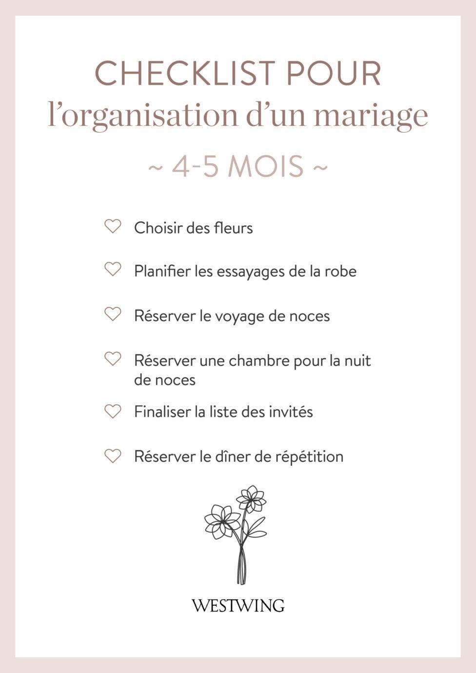 Check list pour l'organisation d'un mariage 4-5 mois
