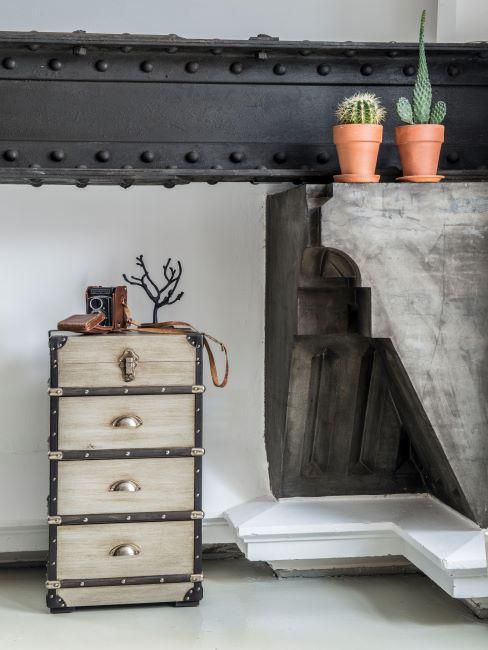 Rangement vintage, cactus et élément en tôle