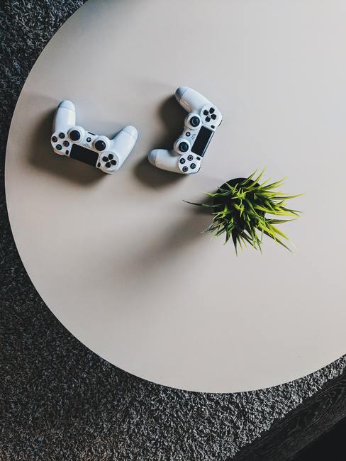 Deux manettes de jeu vidéo posées sur une table blanche avec une plante