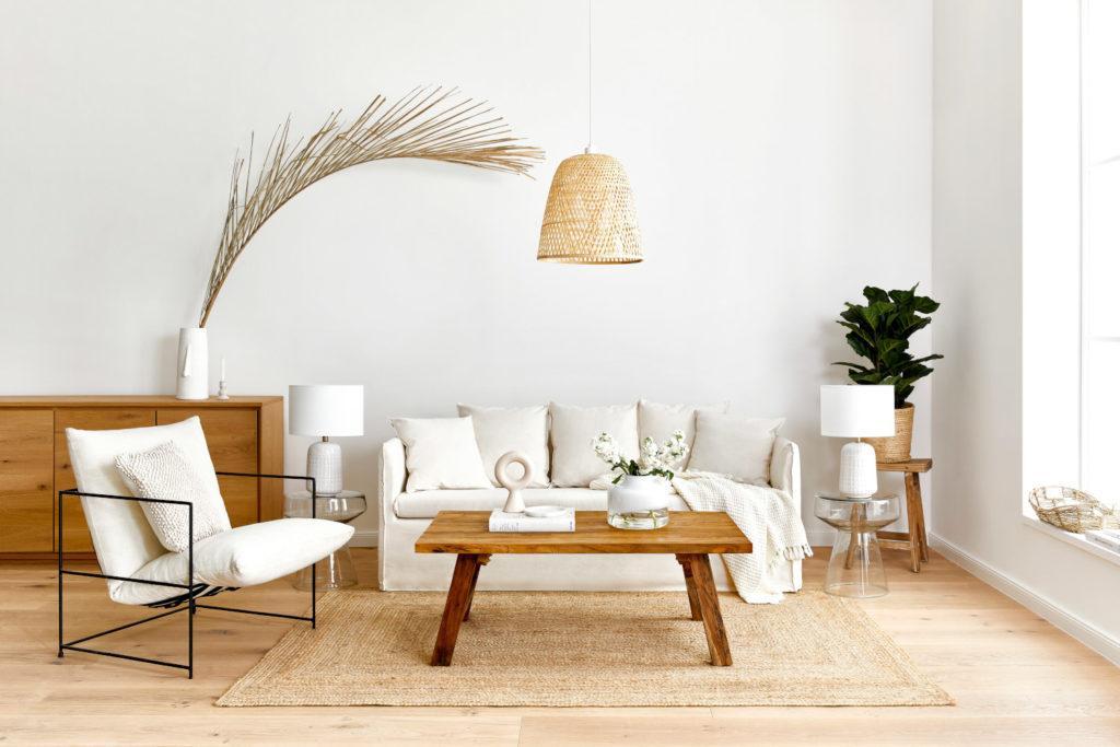 arrière plan zoom avec salon scandinave canapé blanc crème avec table en bois