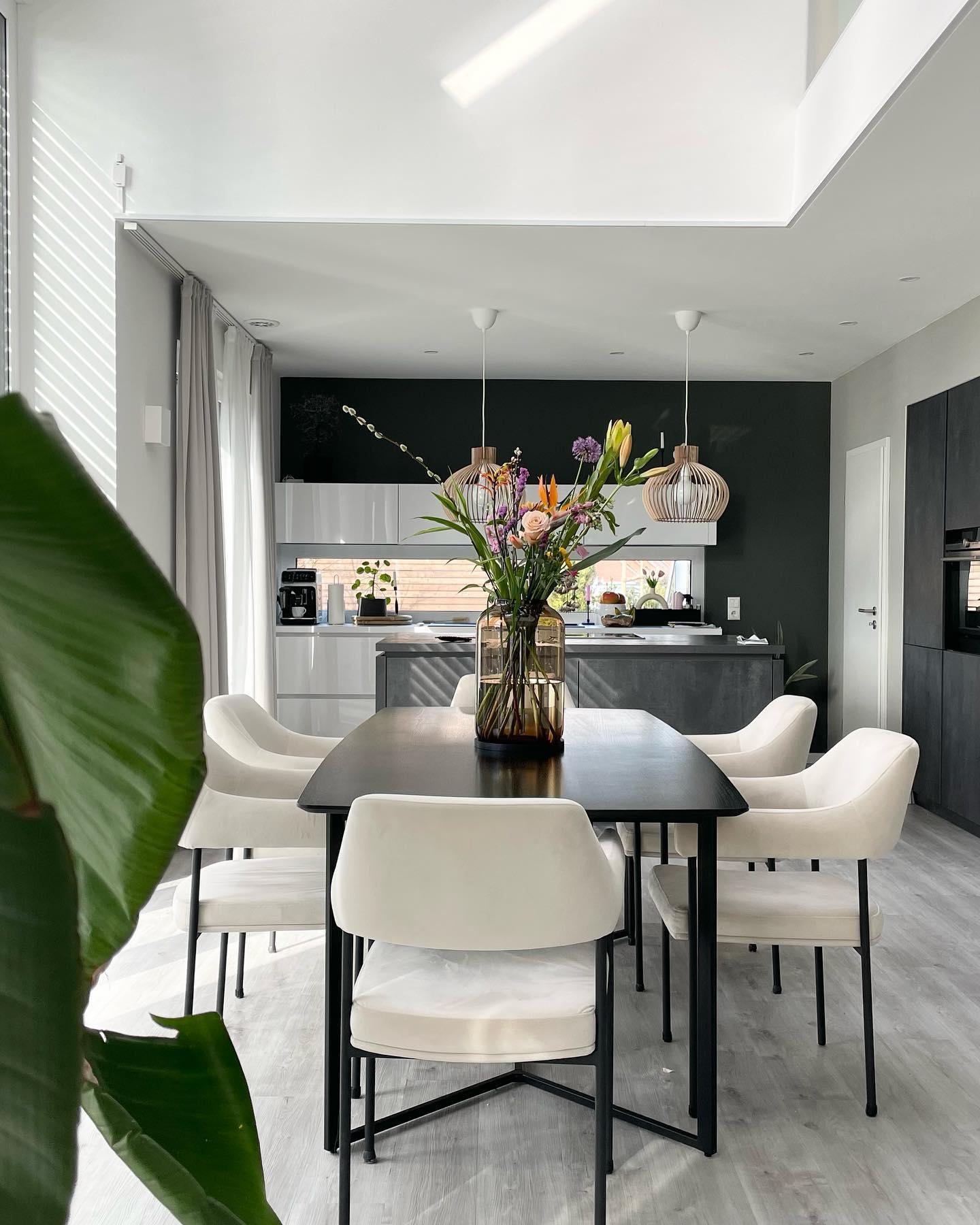 cuisine salle à manger lumineuse avec fenêtre de toit et plantes