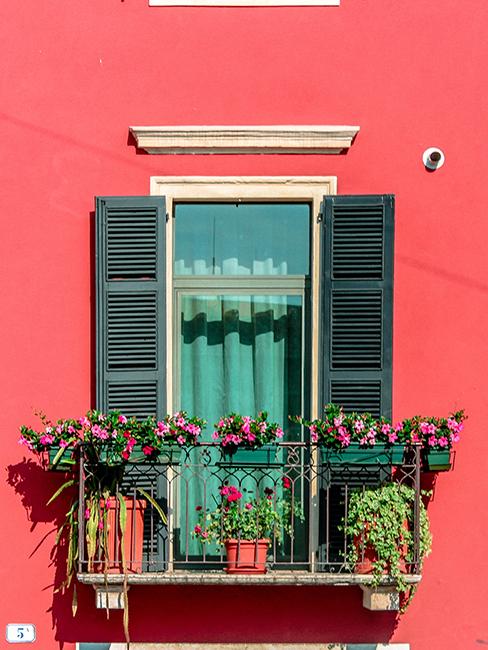 petit balcon fleuri avec jardinière et façade rose