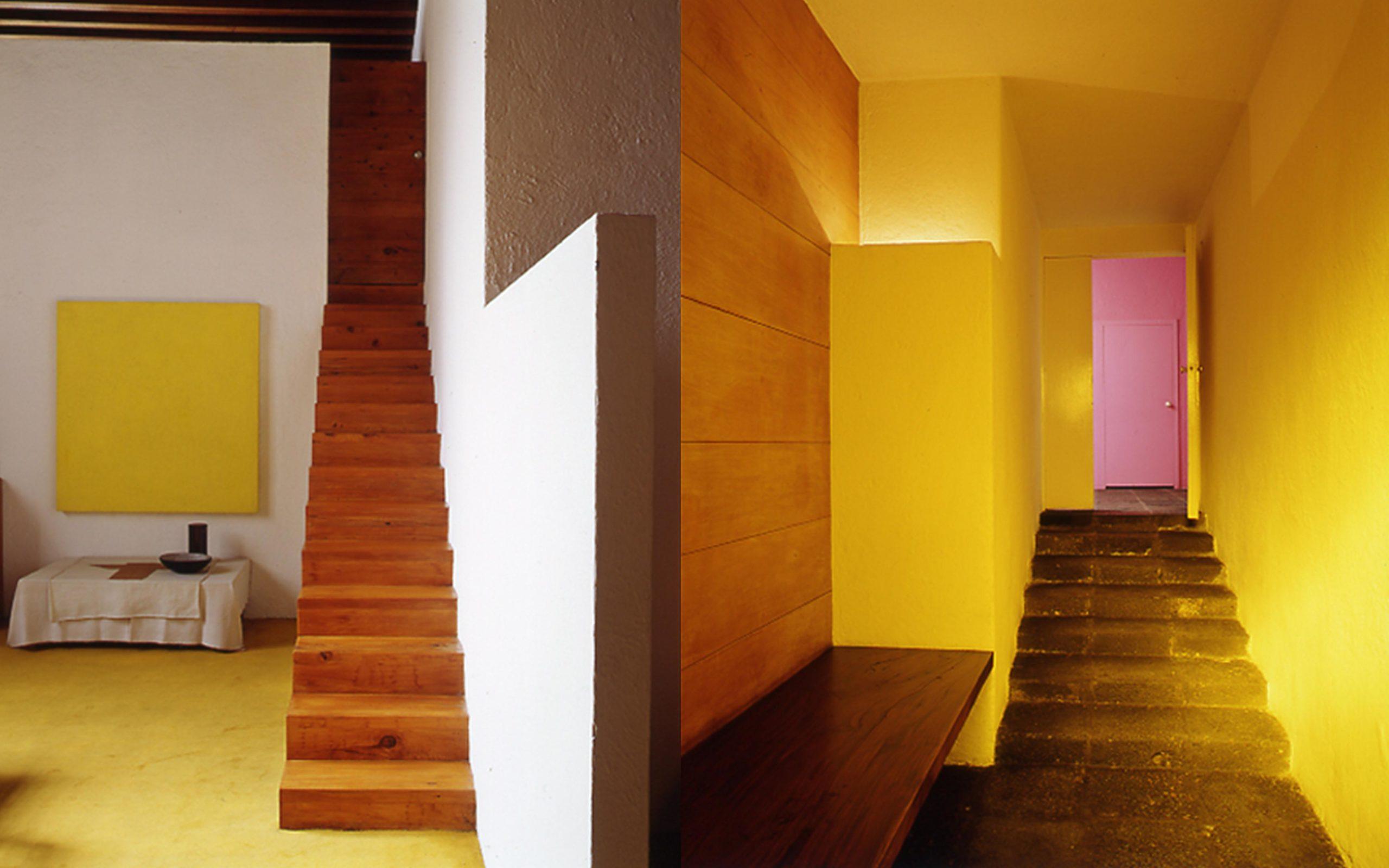 Barragan, escalier jaune, contraste blanc, bois