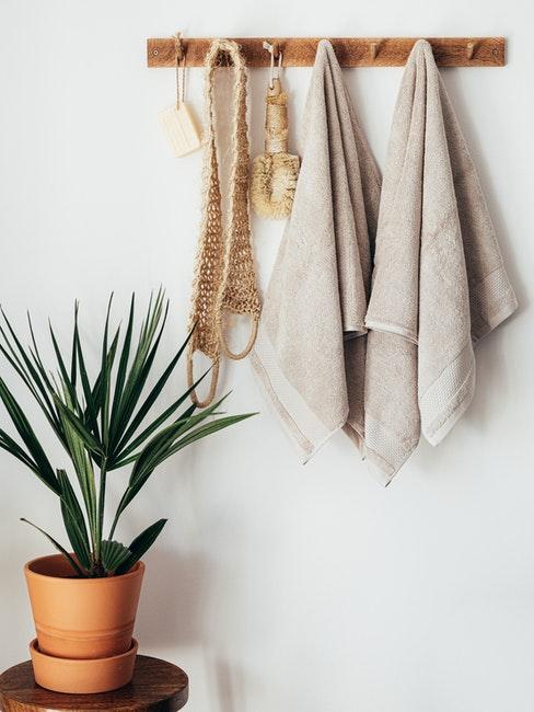 serviettes de toilette beiges, accessoires de bain en matière naturelle, minimalisme, plante vert de salle de bain