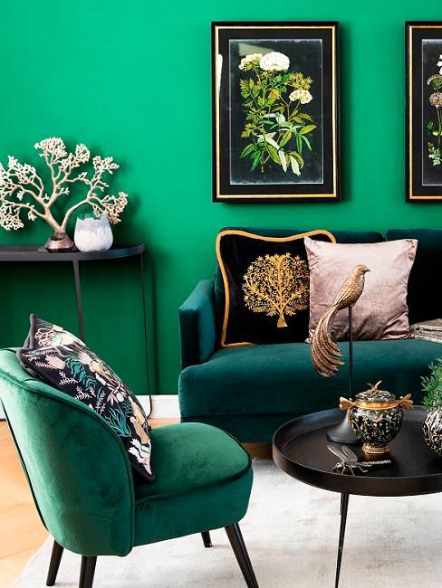 salon retro avec mur vert