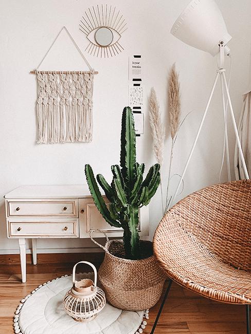 Coin cosy avec fauteuil suspendu, cactus, et meuble vintage déco tendance plante d’intérieur