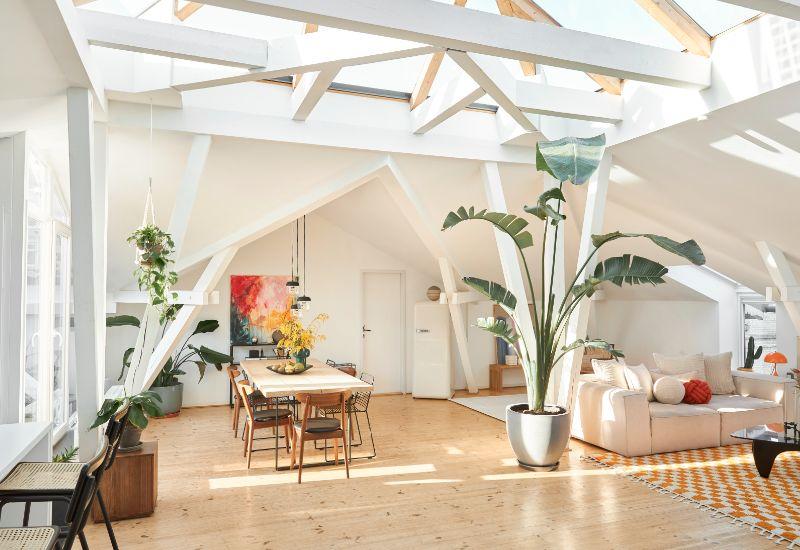 salon moderne et naturel avec bois blanc et parquet