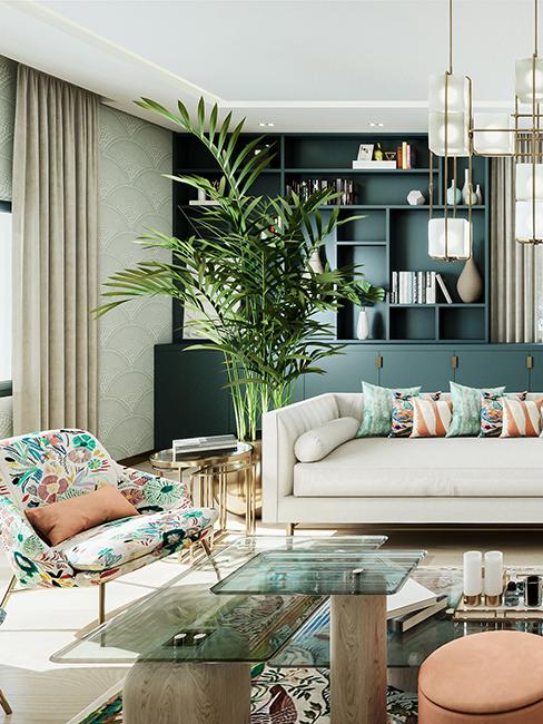 salo mavec canapé beige, coussins vert et peche