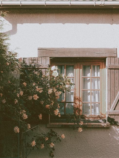 façade de style rustique avec fleurs