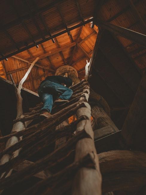 enfant grimpant une échelle de cabane en bois