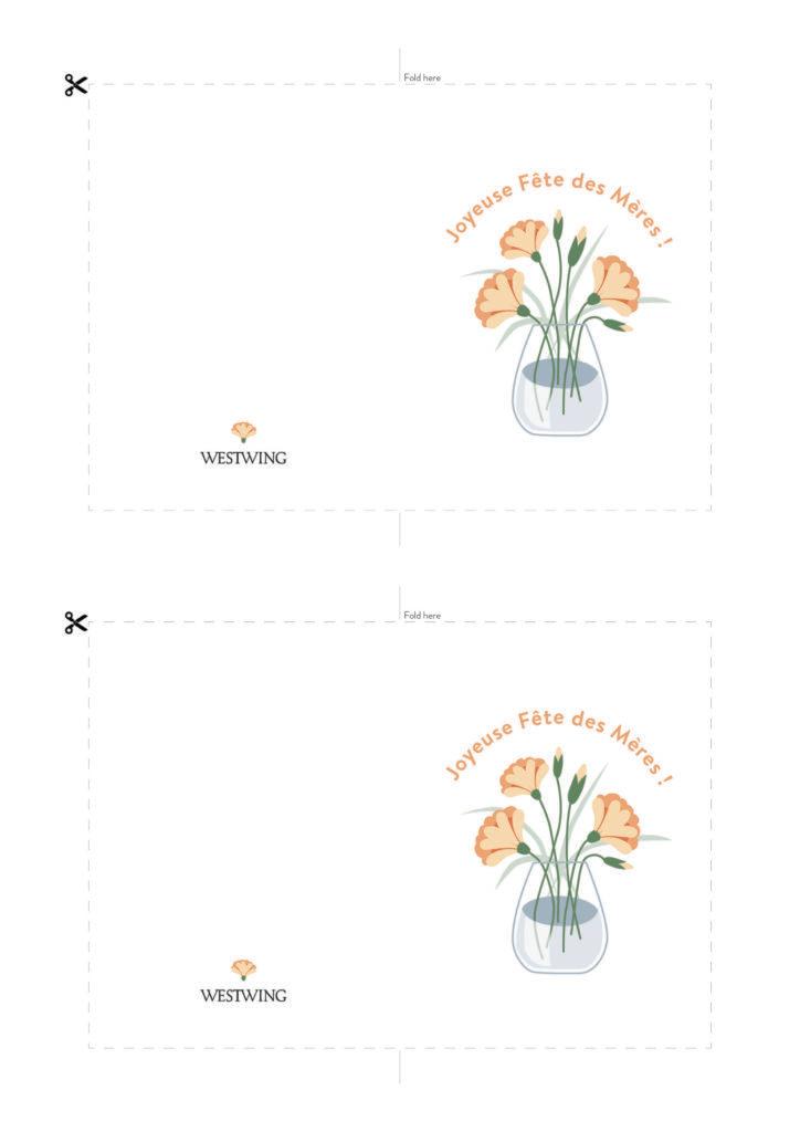 Modèle de carte DIY Westwing 7 pour la fête des mères Modèle de carte DIY Westwing pour la fête des mères , fond blanc, motif vase et fleurs, mesage Joyeuse fête des mères